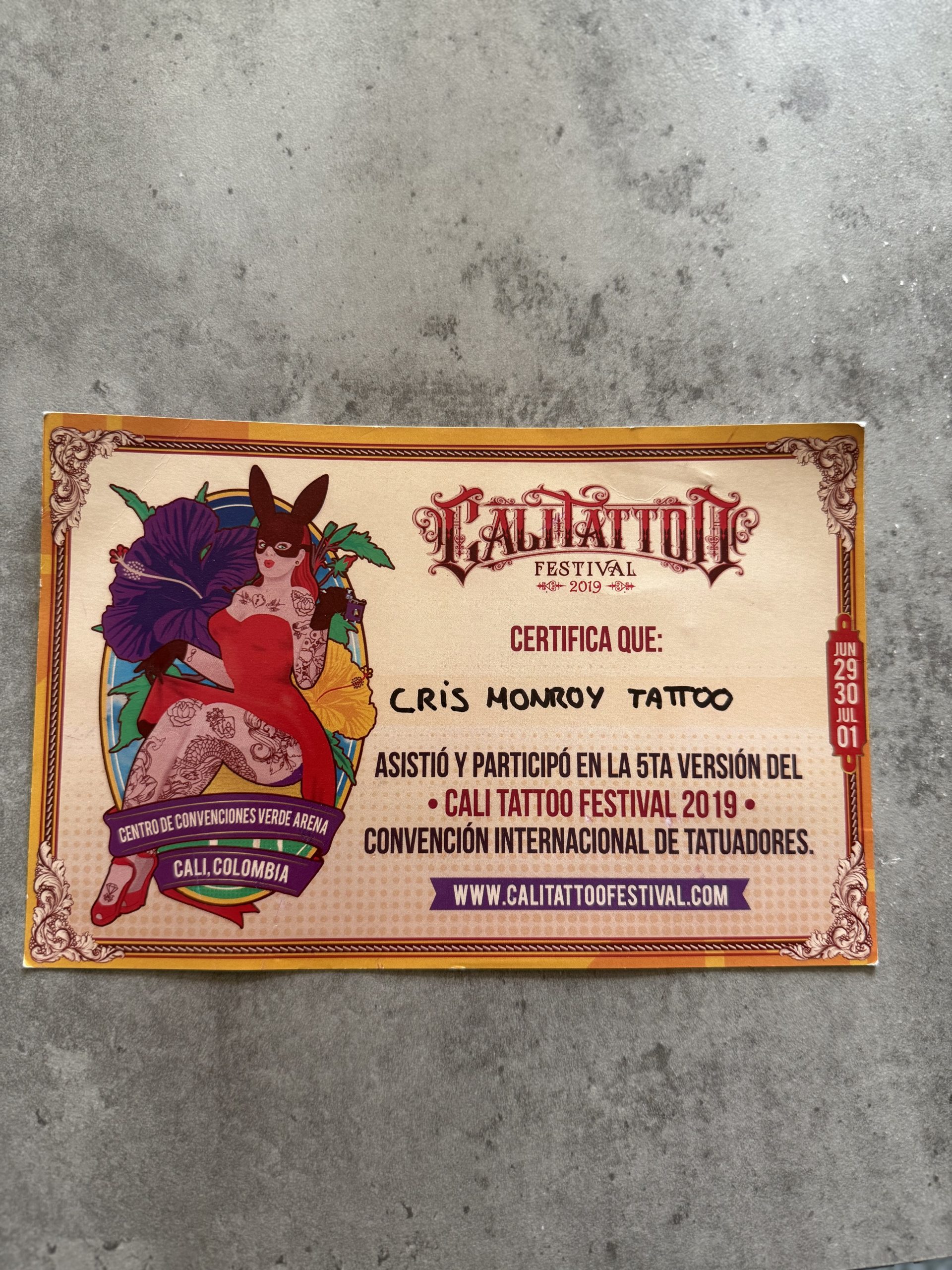 Certificado de participación de Cris Monroy en Cali Tattoo Festival 2019