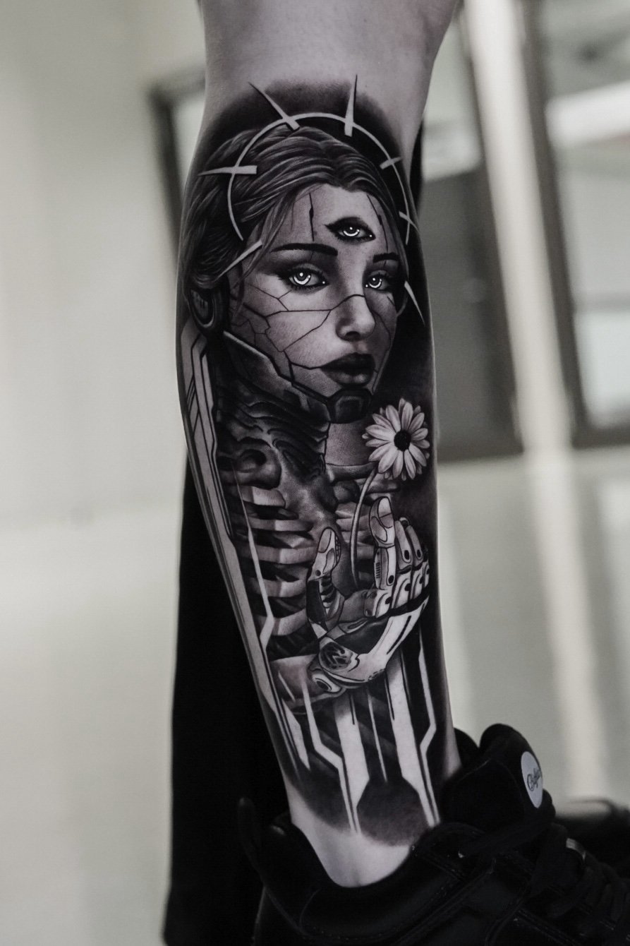 Tatuaje Cyber Girl completo en la pierna realizado en Black & Grey